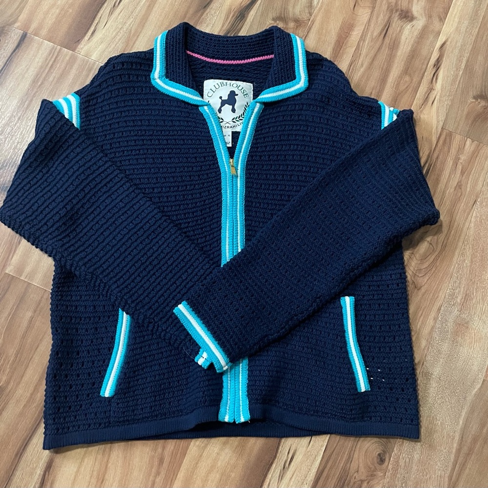 Isaac Mizrahi Navy and Teal Knit Full Zip Sweater Sz XL